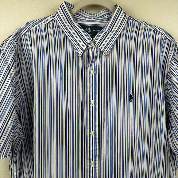 Ralph Lauren Striped Button Down Short Sleeve Custom Fit Preppy Blue Men's XXL - Picture 2 of 10